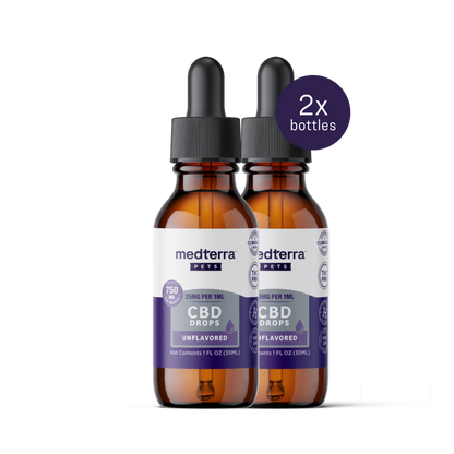 Two Medterra Pet CBD Drops, each a brown dropper bottle labeled as 25mg per ml and totaling 750mg, support joint health. They are unflavored, and a purple circle highlights "2x bottles.