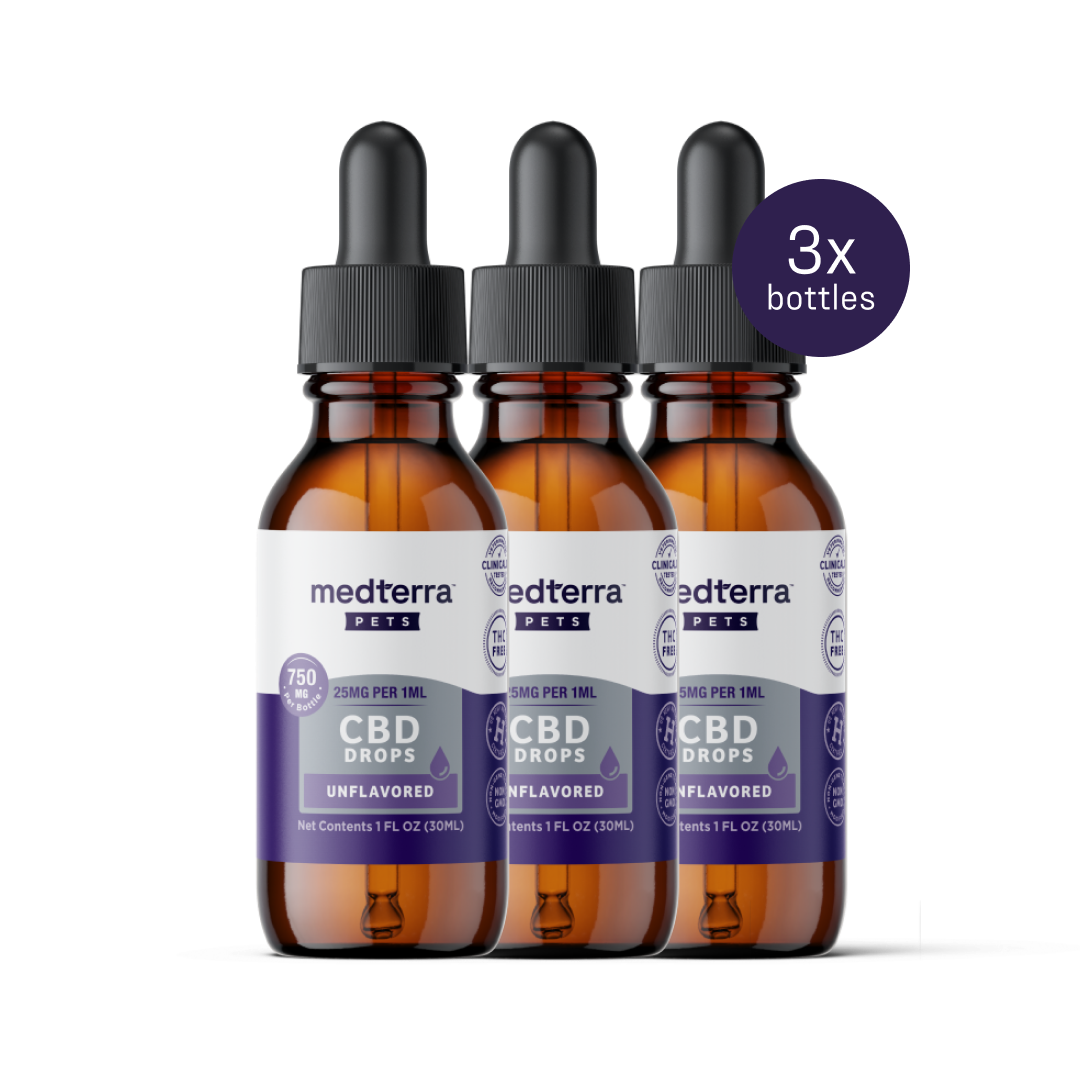 Three bottles of Medterra Pet CBD Drops, 30ml each, unflavored, feature blue and white labels with droppers. A "3x bottles" circle is in the top right corner. Made with pure CBD isolate to support joint health and your pets' well-being.