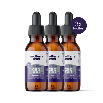Three bottles of Medterra Pet CBD Drops, 30ml each, unflavored, feature blue and white labels with droppers. A "3x bottles" circle is in the top right corner. Made with pure CBD isolate to support joint health and your pets' well-being.