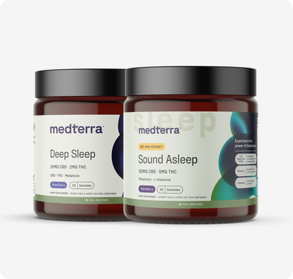 The Better Sleep Bundle by Medterra includes two jars: "Deep Sleep" with 25mg CBD, 2mg THC, and melatonin, and "Sound Asleep" with 50mg CBD, 5mg THC, melatonin, and L-theanine. Both have dark lids and are labeled to enhance relaxation.