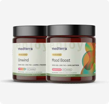 Two jars from Medterra's Mood Gummies Bundle are displayed: one labeled "Unwind" with 50mg CBD, 5mg THC, and 100mg L-Theanine, and the other "Mood Boost" with 50mg CBD, 5mg THC, and 30mg Saffron. Both have a Strawberry Citrus flavor.