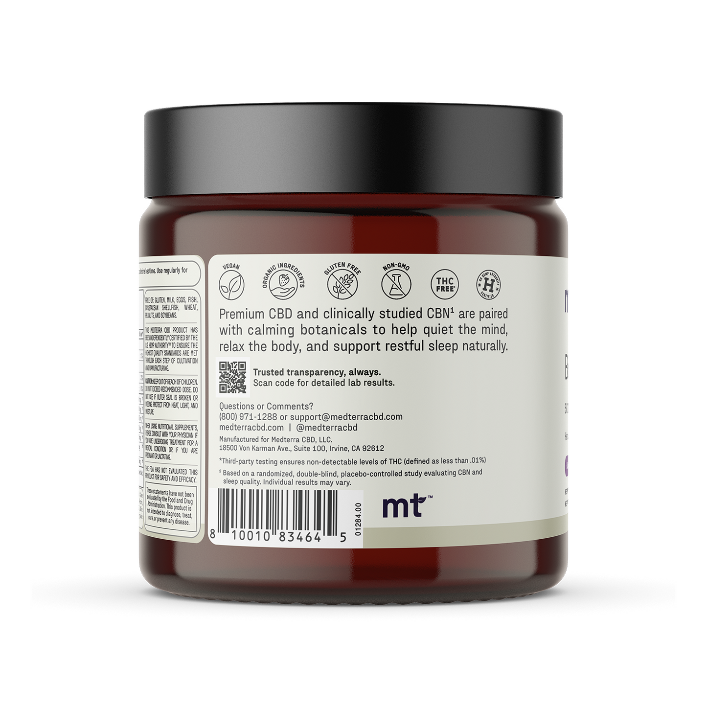 A brown jar with a white label displays product information, including icons for ingredients and benefits, a barcode, contact details, and a QR code. The label highlights CBD, botanicals, and restful sleep, emphasizing that these Medterra Better Sleep TruCBN® Gummies are a melatonin-free sleep aid formulated to support your nighttime routine with premium TruCBN® and CBD gummies.