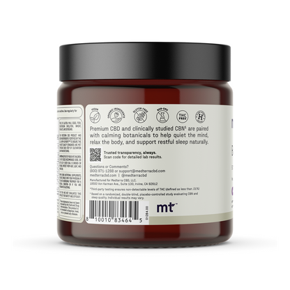 A brown jar with a white label displays product information, including icons for ingredients and benefits, a barcode, contact details, and a QR code. The label highlights CBD, botanicals, and restful sleep, emphasizing that these Medterra Better Sleep TruCBN® Gummies are a melatonin-free sleep aid formulated to support your nighttime routine with premium TruCBN® and CBD gummies.