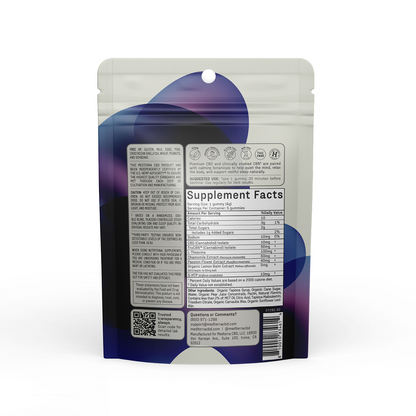 A stand-up pouch for Medterra’s Better Sleep TruCBN® Gummies Sample Pack features a modern blue and purple design. The back displays supplement facts, usage instructions, ingredient details, and a QR code. The pouch is securely sealed with a small hang hole at the top.