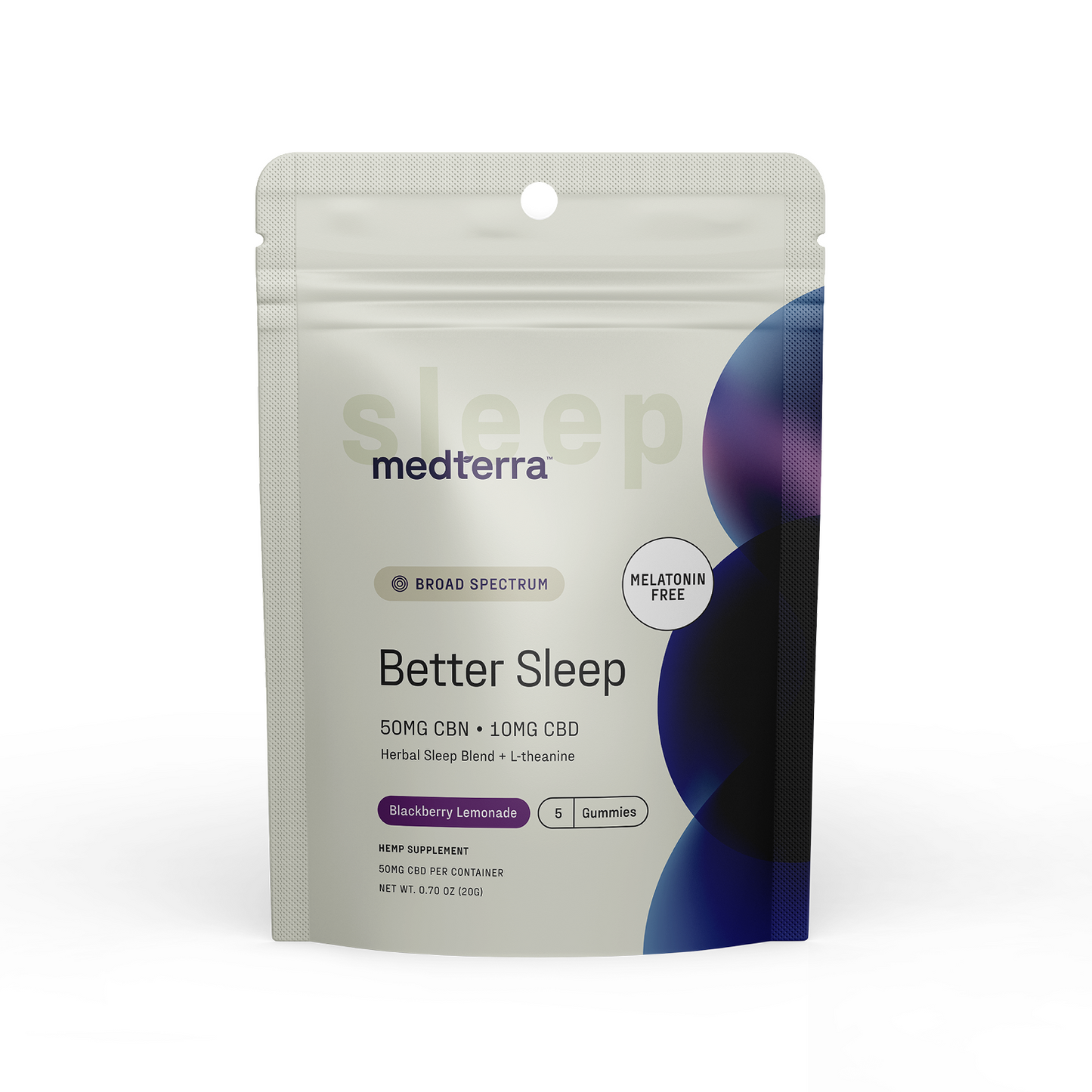 A pouch labeled “Medterra Better Sleep TruCBN® Gummies Sample Pack” in blackberry lemonade flavor, featuring 50mg CBN and 10mg CBD per serving, broad spectrum, melatonin free, with a modern white and purple design.