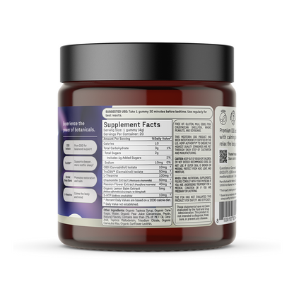 A close-up of a supplement jar featuring the Supplement Facts label, usage instructions, ingredients list, and other product details on the back. The jar is topped with a black lid and displays a purple-toned label, clearly identifying it as Medterra’s Better Sleep TruCBN® Gummies—a melatonin-free sleep aid formulated to promote restful nights.