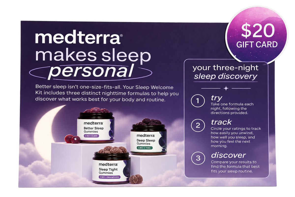 Medterra Better Sleep Kit Guide + $20 Gift features three jars of sleep gummies, a three-night trial guide, and a $20 gift card. Purple and white packaging spotlights Medterra’s sleep line for restful nights.