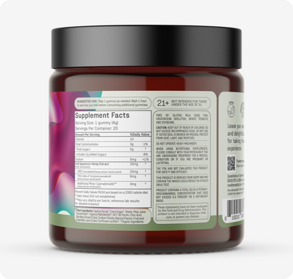 The Delight & Good Night Bundle by Medterra comes in a jar with a dark lid and features a colorful label detailing nutritional info, serving sizes, and ingredients. A notice indicates it's intended for individuals aged 21 and over.