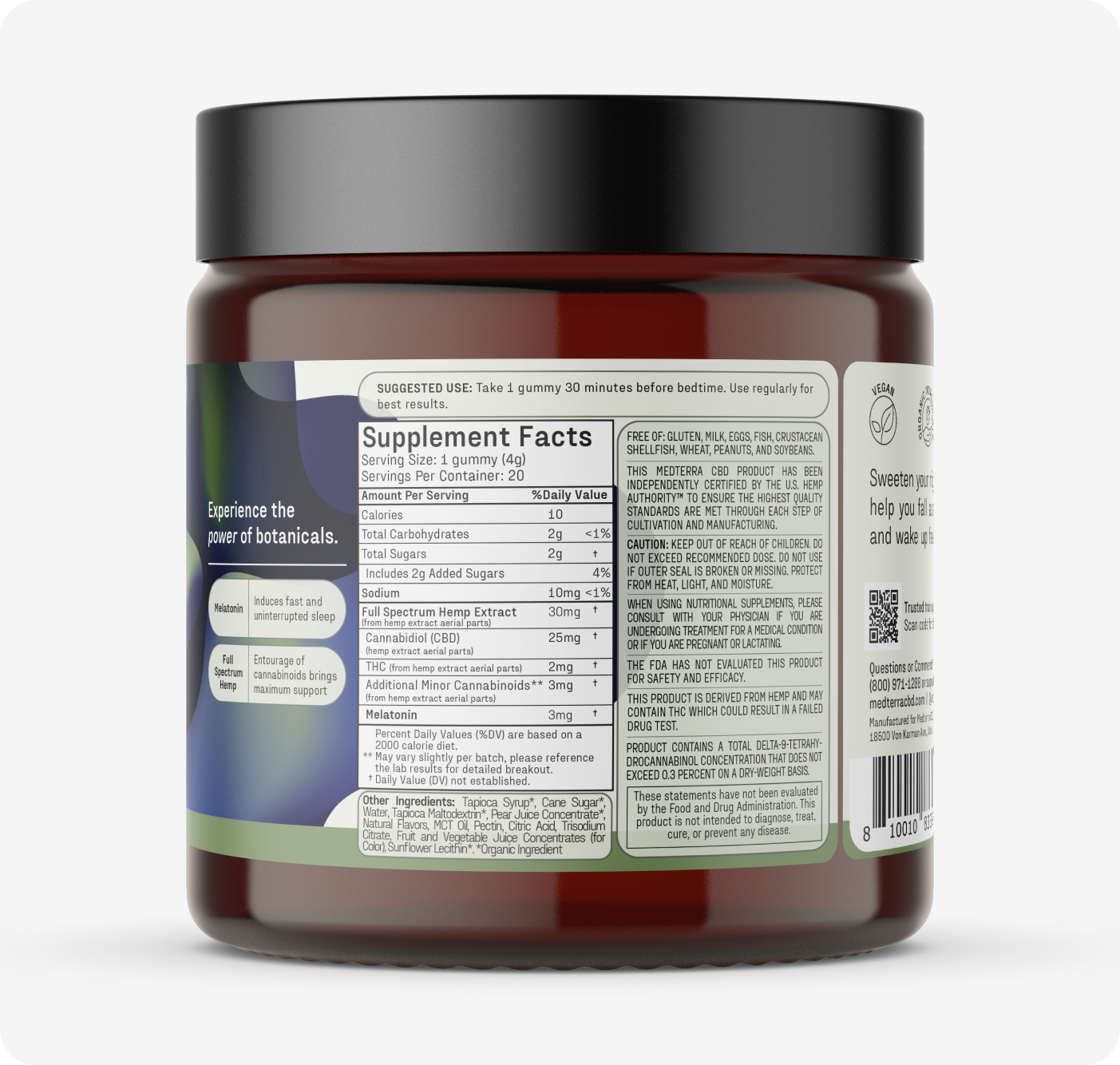 A jar of Medterra's Multi-Spectrum CBD Sleep Bundle sleep gummies features a maroon base with a black lid, displaying text on suggested use, supplement facts, and ingredients. "Experience the power of botanicals" is visible on the left side.