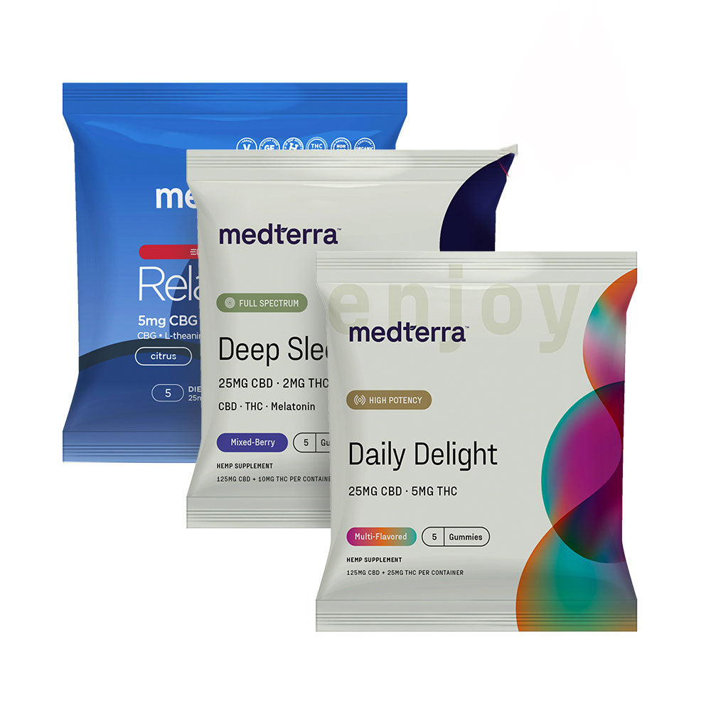 A display of three Medterra [Free] Best Seller product packages. Each packet contains different supplements: Full Spectrum Deep Sleep CBD + THC + Melatonin, Daily Delight CBD + THC Gummies, and Relax CBD + CBN + L-Theanine supplement. The packaging features vibrant colors and text.