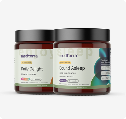 The Medterra Delight & Good Night Bundle includes two dark brown jars with pastel labels: one labeled "Daily Delight" with 25mg CBD and 5mg THC, and the other "Sound Asleep" with 50mg CBD, 5mg THC, Melatonin, and L-Theanine.