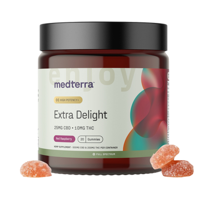 A jar labeled "Medterra Extra Delight 10mg THC Gummies" with a black lid and colorful design features high-potency red raspberry gummies—each containing 25mg CBD and 10mg THC. Three orange sugar-coated gummies are displayed in front.