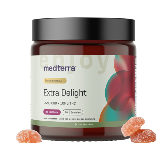A jar labeled "Medterra Extra Delight 10mg THC Gummies" with a black lid and colorful design features high-potency red raspberry gummies—each containing 25mg CBD and 10mg THC. Three orange sugar-coated gummies are displayed in front.