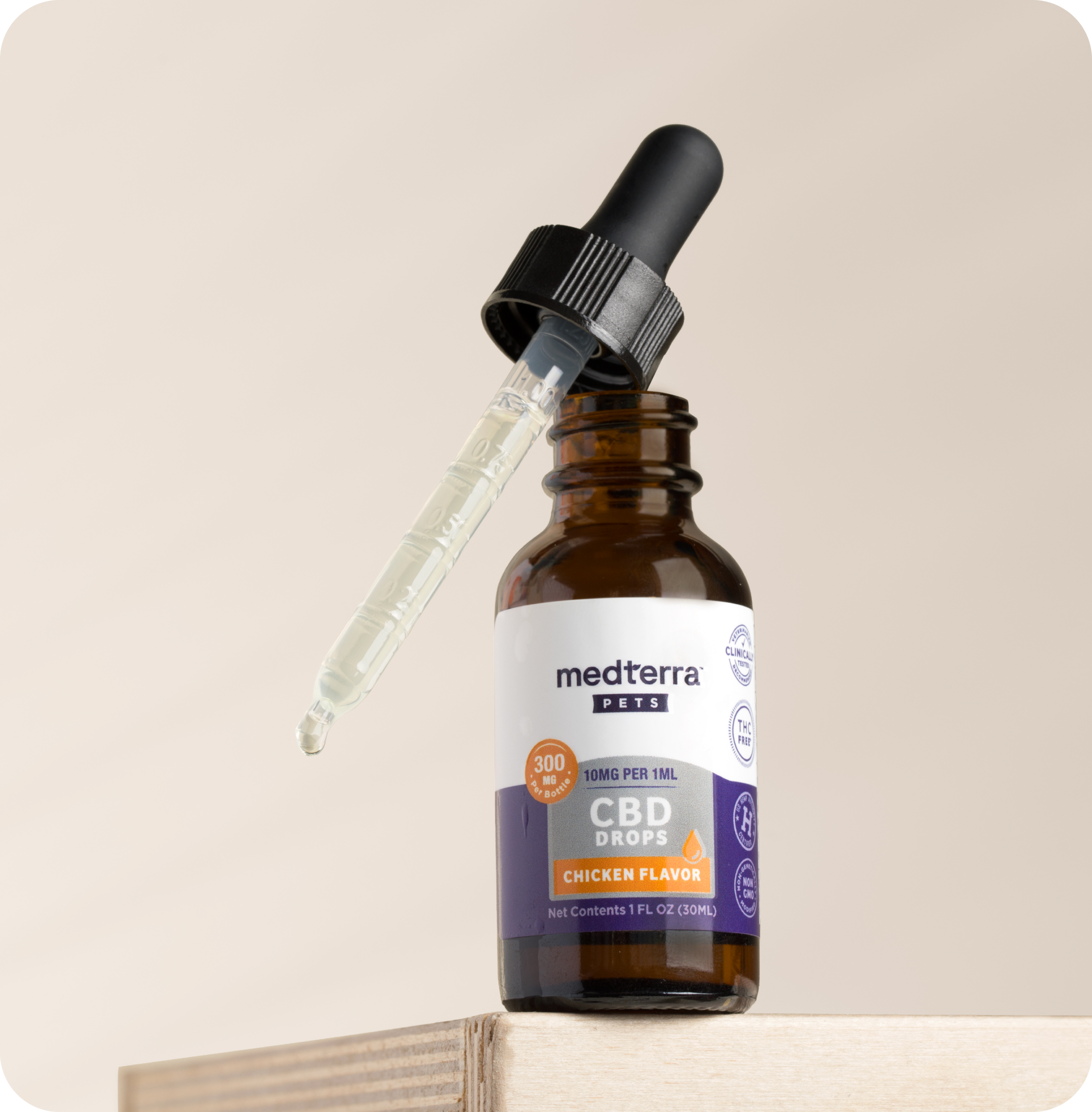 medterra PETS dropper bottle labeled 300 MG 10MG PER 1ML CBD DROPS CHICKEN FLAVOR Net Contents 1 FL OZ (30ML)