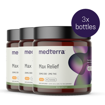 Three jars of Medterra Max Relief Full Spectrum CBD Gummies are displayed, each labeled with "25MG CBD - 2MG THC" and "Citrus" flavor. These gummies leverage the entourage effect using Full Spectrum Hemp Extract. A purple circle in the upper right corner indicates "3x bottles.