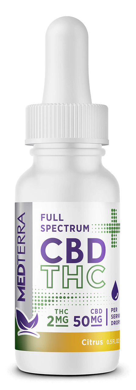 A 0.5 fl oz white dropper bottle labeled "Medterra [Free] Best Seller" contains 2mg THC and 50mg CBD per serving. This citrus-flavored bottle features a small green leaf logo and a droplet icon.