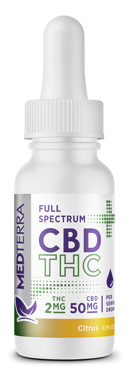 A 0.5 fl oz white dropper bottle labeled "Medterra [Free] Best Seller" contains 2mg THC and 50mg CBD per serving. This citrus-flavored bottle features a small green leaf logo and a droplet icon.