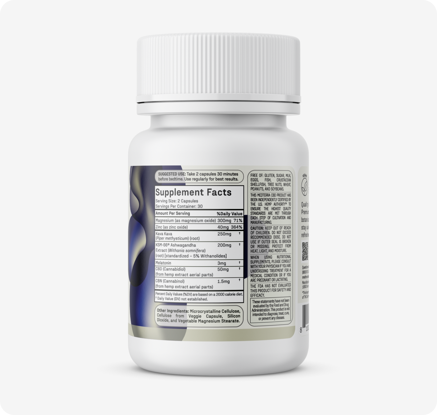 A white supplement bottle by Medterra, labeled in black text on a plain white background. The label includes "Supplement Facts" with detailed nutritional information, serving size, and ingredients for the Multi-Spectrum CBD Sleep Bundle.