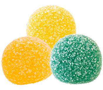 Three sugar-coated gumdrops: yellow, orange, and green.