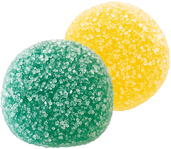 Two sugar-coated gummy candies, one green and one yellow.