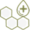 Three hexagonal cells and a green droplet with a white medical cross overlay