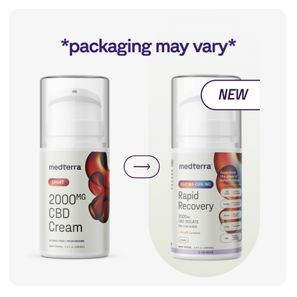 Two Medterra CBD cream pump bottles side by side: the left is labeled "2000mg CBD Cream Sport," the right features "Heating-Cooling Rapid Recovery CBD Cream, 2000mg Isolate" for targeted relief. Text above: "*packaging may vary*" and "NEW.
