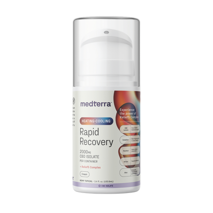 Medterra Heating-Cooling Rapid Recovery CBD Cream comes in a white bottle with a pump dispenser and colorful label, offering 2000 mg CBD Isolate for targeted transdermal pain relief with its unique heating-cooling formula.
