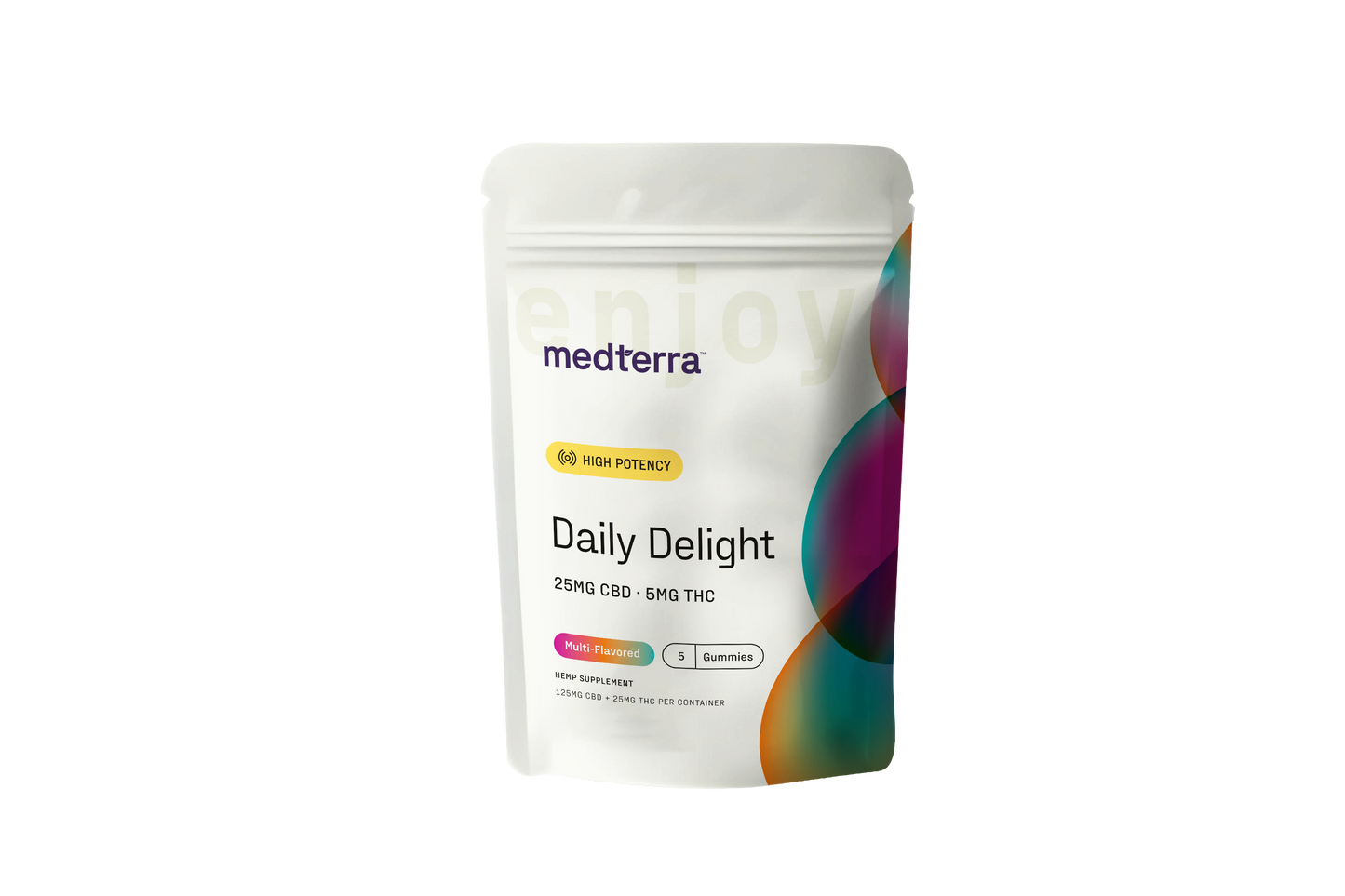 A white pouch labeled "Medterra Daily Delight Gummies Sample Pack" by Medterra features colorful circles on the right, a "High Potency" badge, and text noting "Multi-Flavored," with each gummy containing 25mg CBD and 5mg THC.