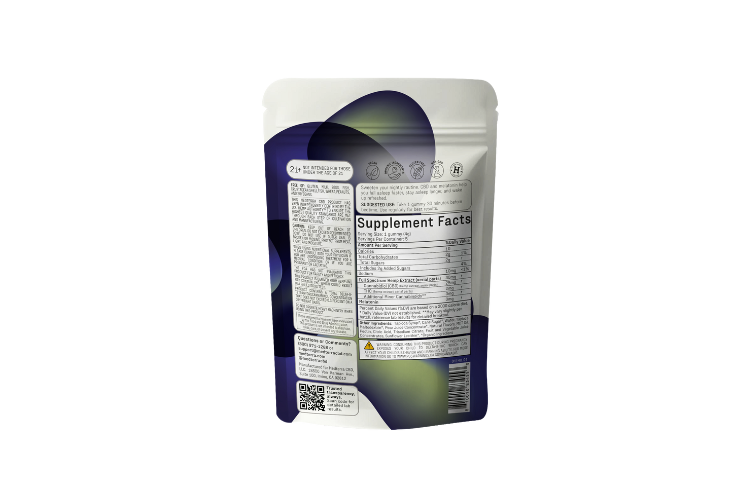 A sealed Medterra Full Spectrum Deep Sleep Gummies Sample Pack pouch, featuring a white and blue abstract design and displaying the back label with Supplement Facts, instructions, and a QR code on a white background.