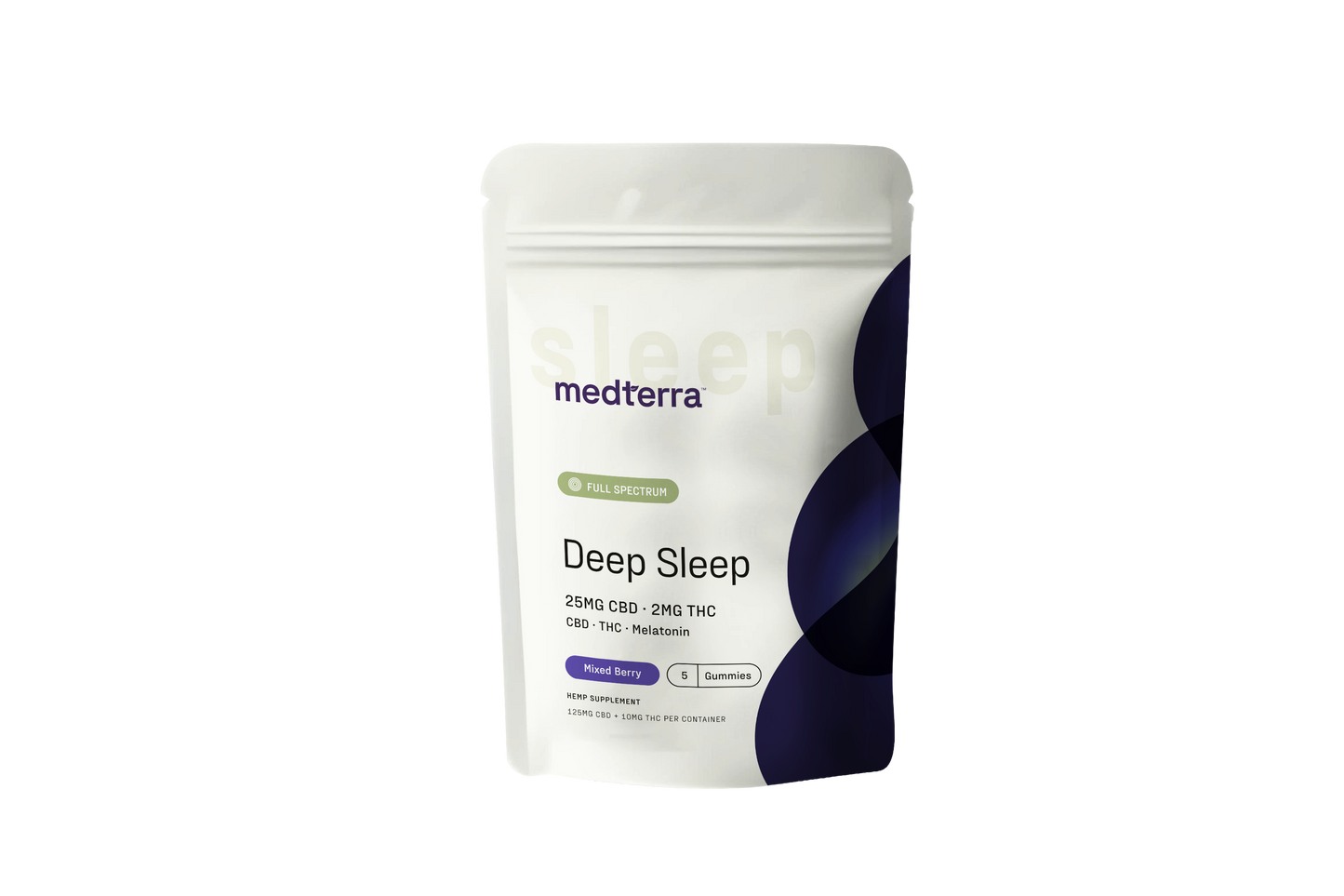 A white pouch labeled "Medterra Full Spectrum Deep Sleep Gummies Sample Pack" features purple and blue design elements, highlights melatonin, full spectrum formula, and contains 25mg CBD plus 2mg THC.