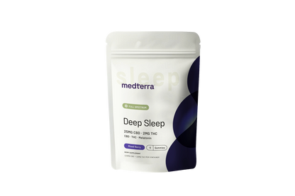 A white pouch labeled "Medterra Full Spectrum Deep Sleep Gummies Sample Pack" features purple and blue design elements, highlights melatonin, full spectrum formula, and contains 25mg CBD plus 2mg THC.