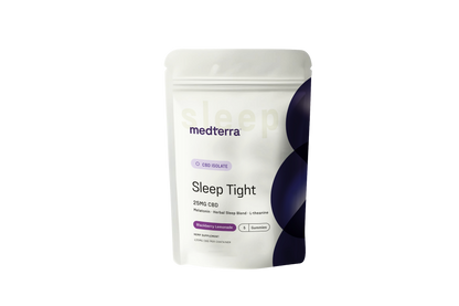 A resealable white pouch labeled "Medterra Isolate Sleep Tight Gummies Sample Pack" features purple and black geometric designs and lists Raspberry Lemonade flavor, 25mg CBD, Melatonin, and herbs. Brand: Medterra.