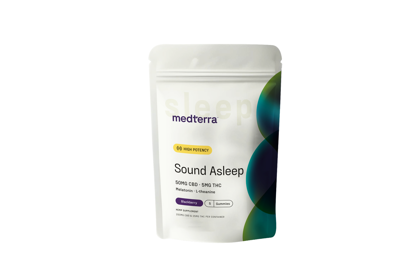 A white pouch labeled "Medterra Full Spectrum Sound Asleep Gummy Sample Pack" highlights high potency, 50mg CBD, 5mg THC, melatonin, L-theanine, blueberry and guava flavor, and vibrant circular graphics.