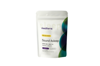A white pouch labeled "Medterra Full Spectrum Sound Asleep Gummy Sample Pack" highlights high potency, 50mg CBD, 5mg THC, melatonin, L-theanine, blueberry and guava flavor, and vibrant circular graphics.