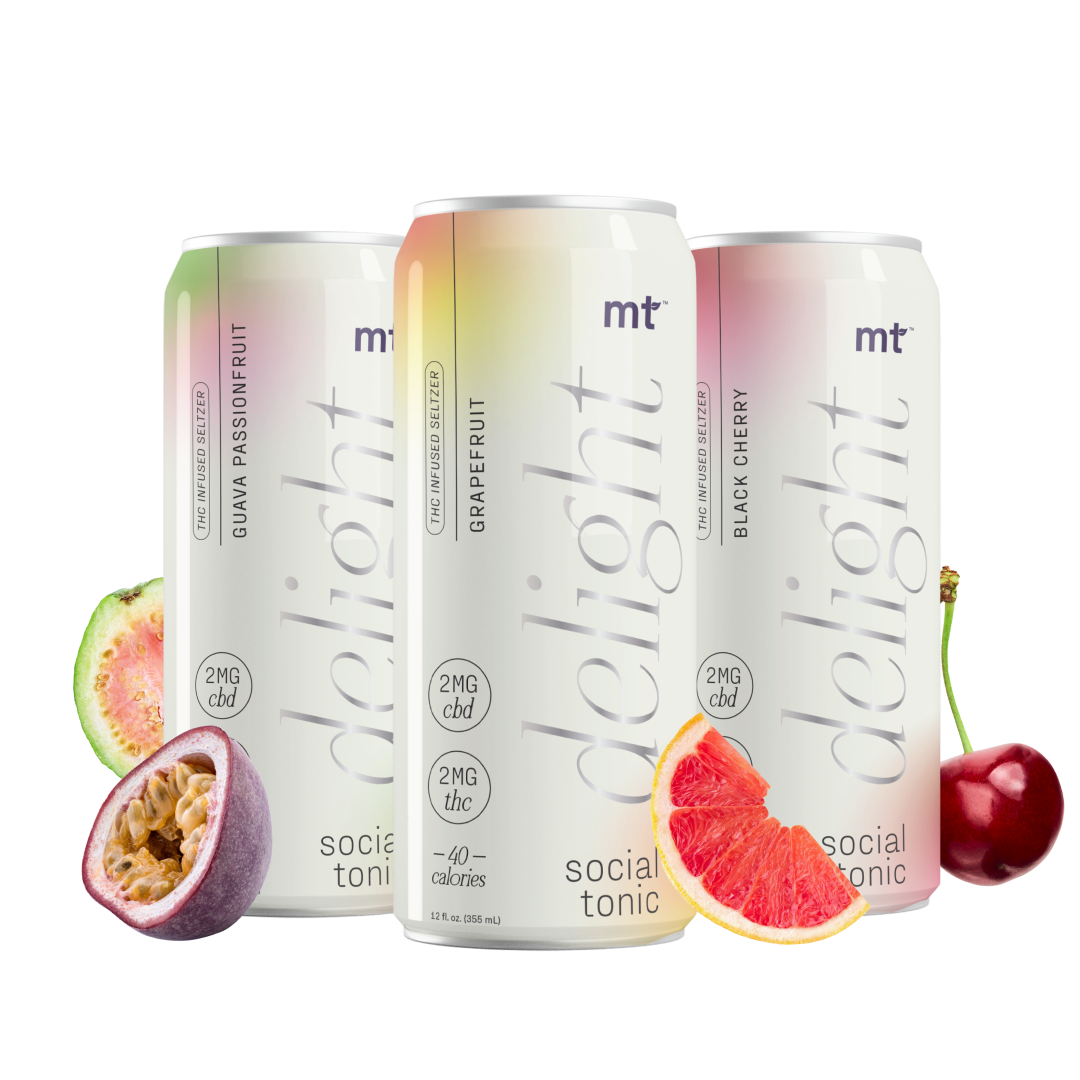 Three cans of [Free] Best Seller by Medterra are displayed with flavors including Guava Passionfruit, Grapefruit, and Black Cherry. The cans are surrounded by corresponding fresh fruits: guava, passionfruit, grapefruit, and cherries. The label mentions 2mg of CBD.