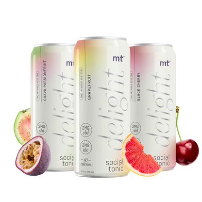 Three cans of [Free] Best Seller by Medterra are displayed with flavors including Guava Passionfruit, Grapefruit, and Black Cherry. The cans are surrounded by corresponding fresh fruits: guava, passionfruit, grapefruit, and cherries. The label mentions 2mg of CBD.