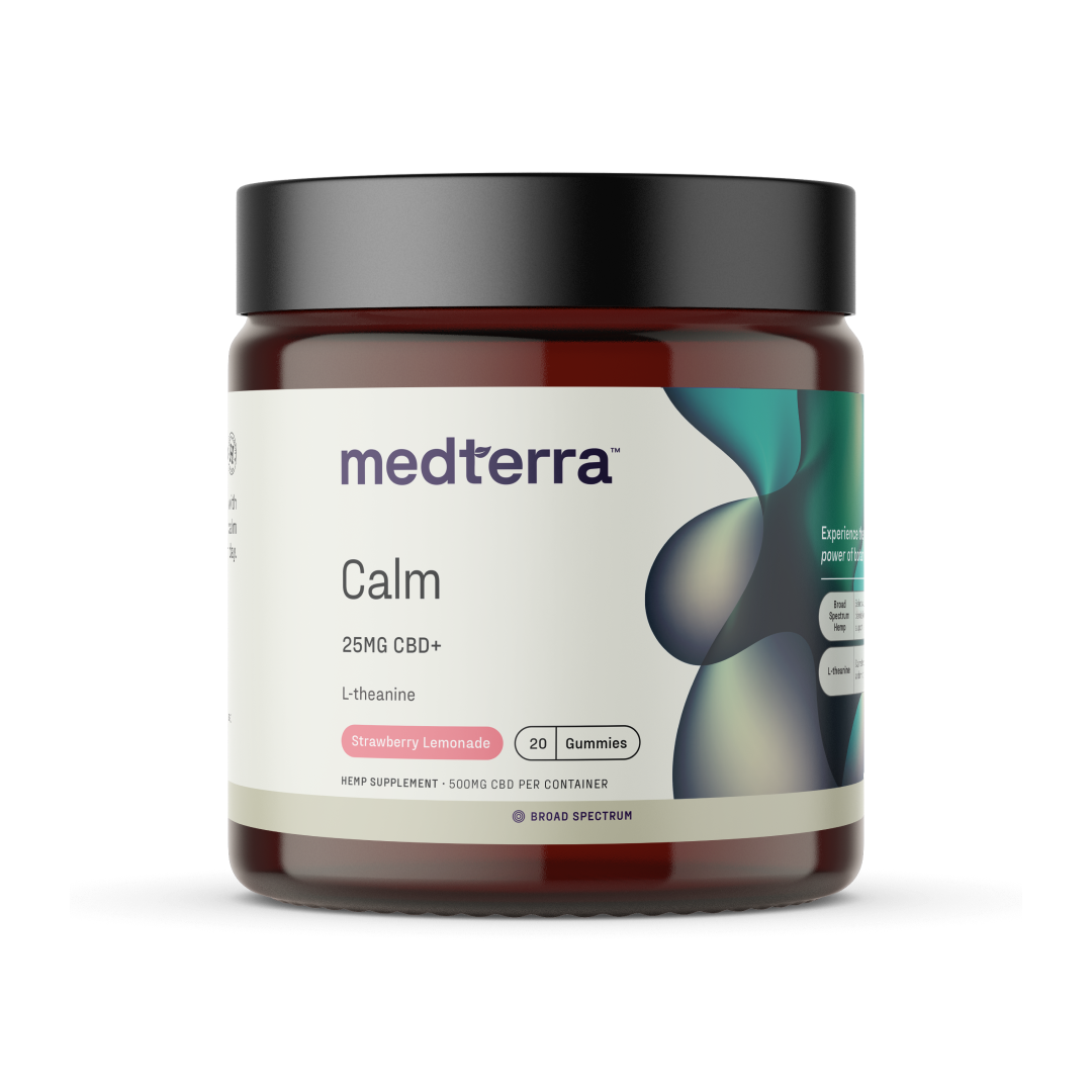 A dark amber jar with a black lid, labeled "[Free] Best Seller Medterra Calm 25MG CBD+ L-theanine, Strawberry Lemonade, 20 gummies." The jar features green and blue abstract designs and is described as a broad-spectrum hemp supplement.