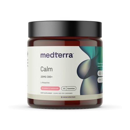 A dark amber jar with a black lid, labeled "[Free] Best Seller Medterra Calm 25MG CBD+ L-theanine, Strawberry Lemonade, 20 gummies." The jar features green and blue abstract designs and is described as a broad-spectrum hemp supplement.