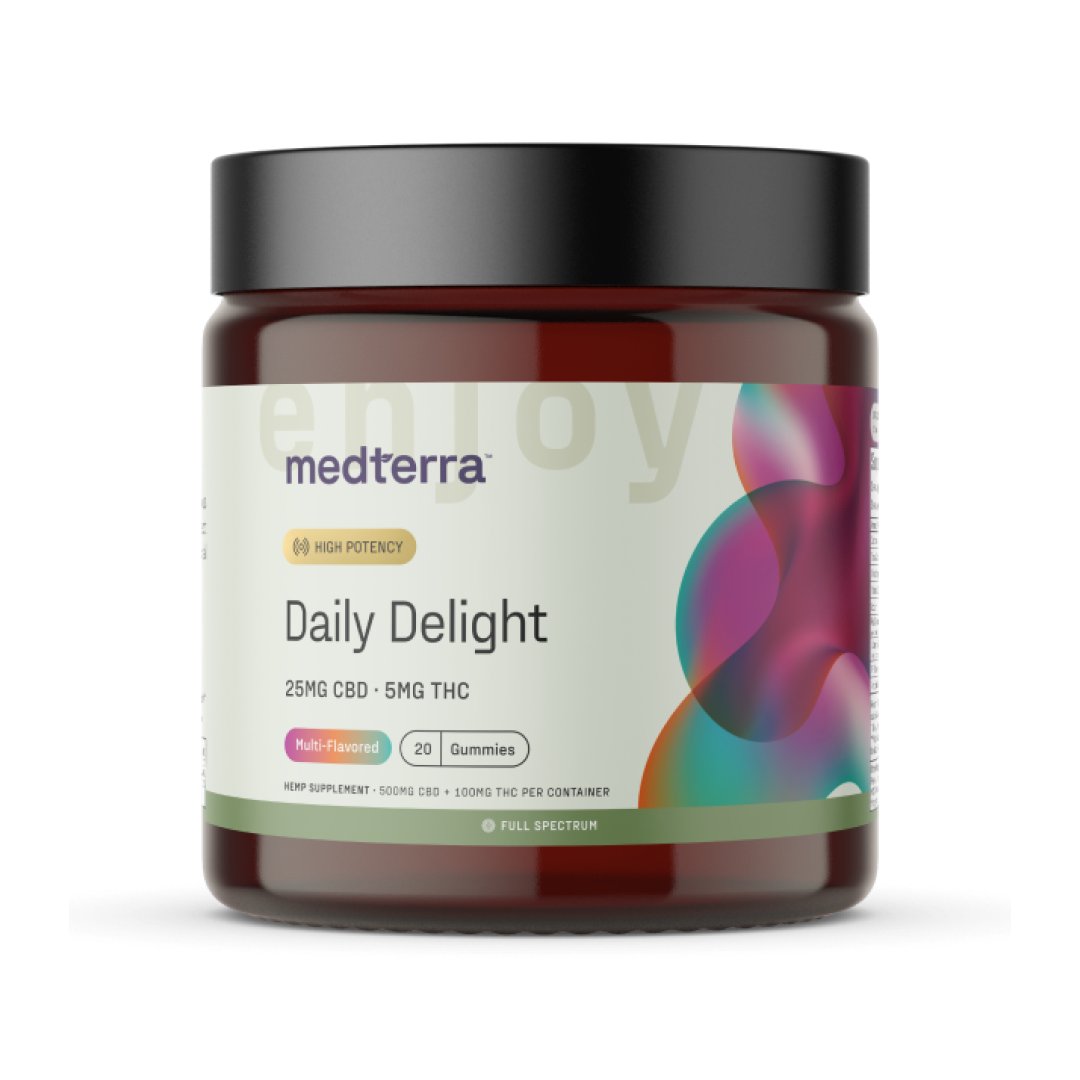 A jar of Medterra's [Free] Best Seller gummies features a high-potency formula with 25mg of CBD and 5mg of THC per gummy. Each jar contains 20 multi-flavored gummies, totaling 1000mg of CBD. The label also highlights that the product is full spectrum.