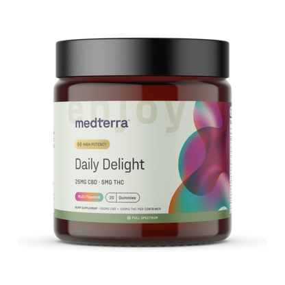 A jar of Medterra's [Free] Best Seller gummies features a high-potency formula with 25mg of CBD and 5mg of THC per gummy. Each jar contains 20 multi-flavored gummies, totaling 1000mg of CBD. The label also highlights that the product is full spectrum.
