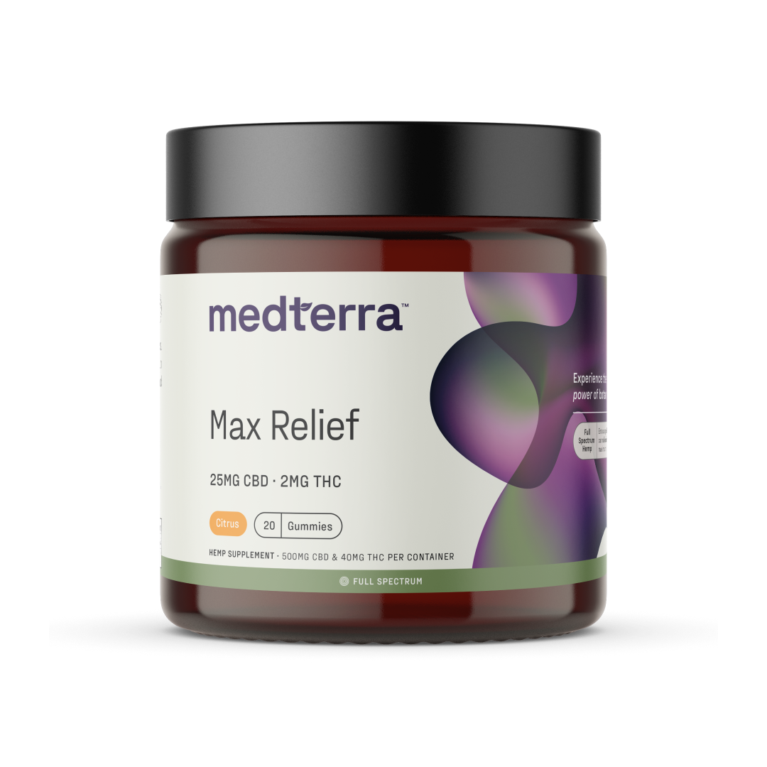 A container of Medterra's [Free] Best Seller Max Relief gummies, featuring a dark-colored lid and a label displaying "25MG CBD + 2MG THC" and "20 Gummies". The label has a green, purple, and white abstract design and includes the "medterra" logo. The flavor indicated is citrus.