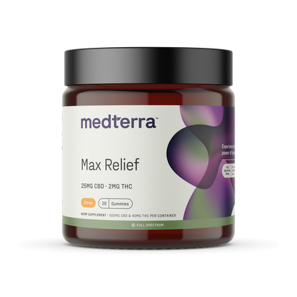 A container of Medterra's [Free] Best Seller Max Relief gummies, featuring a dark-colored lid and a label displaying "25MG CBD + 2MG THC" and "20 Gummies". The label has a green, purple, and white abstract design and includes the "medterra" logo. The flavor indicated is citrus.