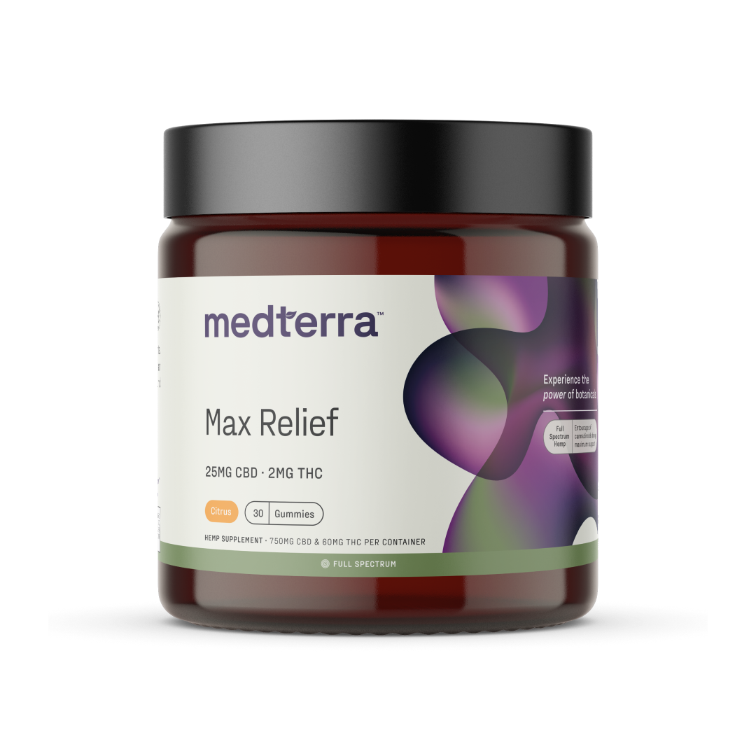 A jar of Medterra CBD's Max Relief Gummies [FREE], offering 25mg of CBD and 2mg of THC per serving in a refreshing citrus flavor. The purple and white label with green accents highlights that it contains 30 gummies per container, emphasizing the entourage effect and the power of botanicals.