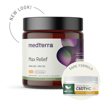 Image of Medterra CBD Max Relief Gummies [FREE] in a dark amber jar with the label showing "25MG CBD + 2MG THC, Citrus, 30 Gummies." A small circular cutout also displays an older product labeled "Medterra True Full Spectrum Hemp Extract" with "Same Formula" written above it, highlighting the Entourage Effect.