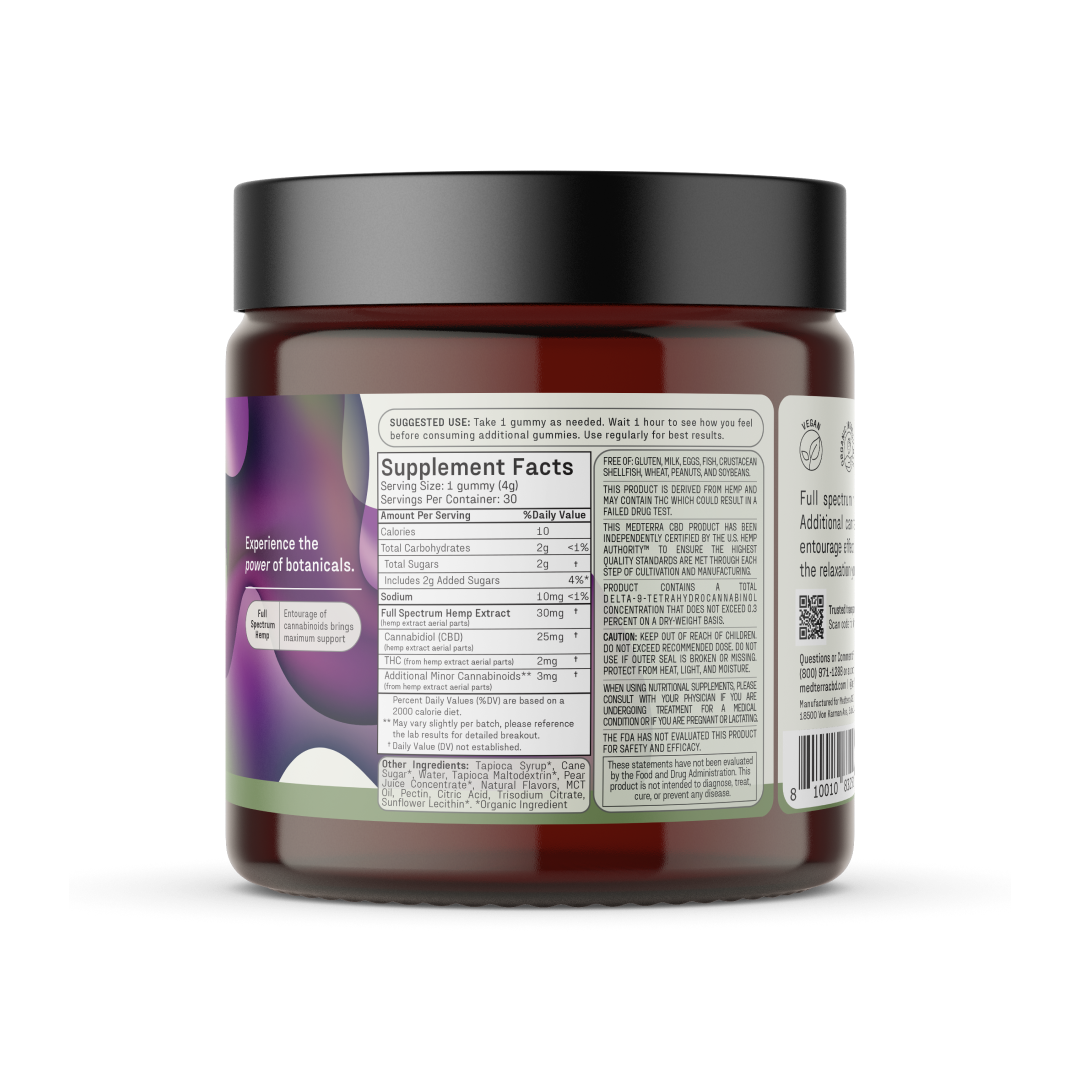 A brown jar of Max Relief Gummies [FREE] by Medterra CBD with a black lid is shown. The label features the supplement facts, directions for use, and ingredients list. The side of the jar displays text and graphics highlighting the product's focus on botanical ingredients, including Full Spectrum Hemp Extract for an enhanced Entourage Effect.