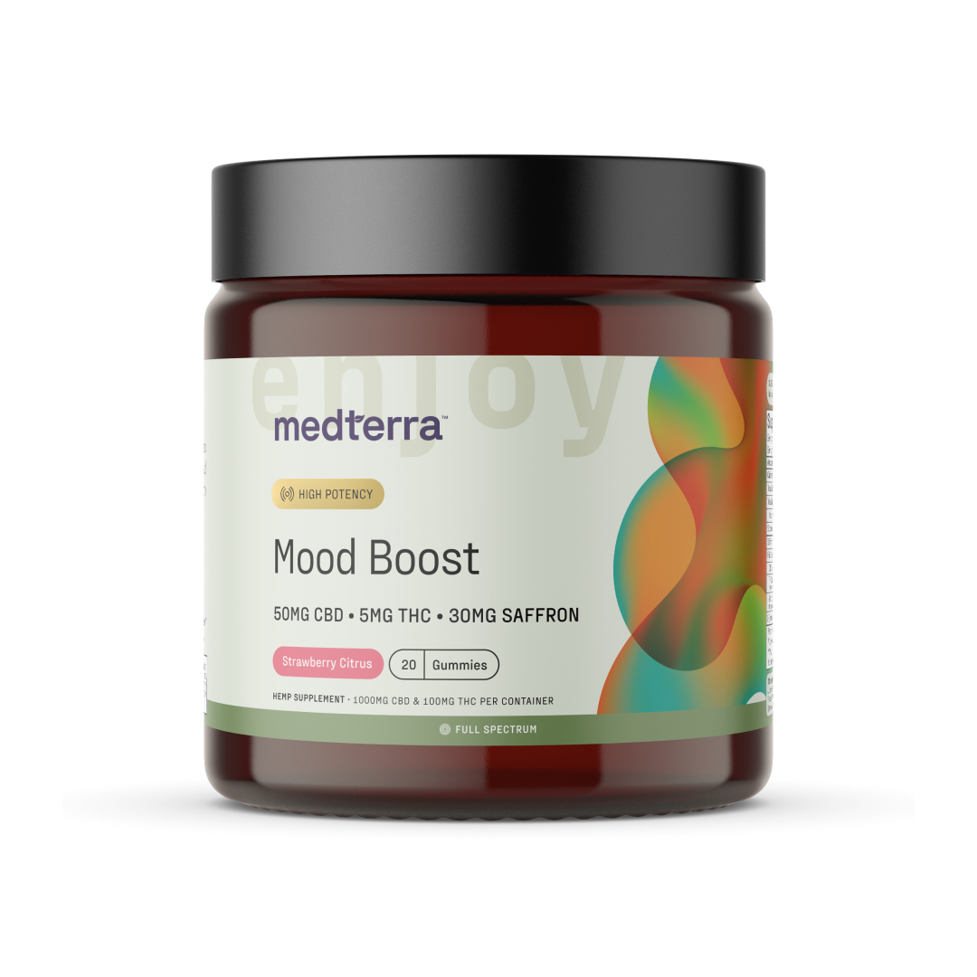 A dark amber jar with a black lid contains Medterra's [Free] Best Seller Mood Boost gummies in Strawberry Citrus flavor. The label highlights "High Potency" with 50mg CBD, 5mg THC, and 30mg Saffron per serving. The jar holds 20 gummies, totaling 1000mg CBD and 100mg THC overall.