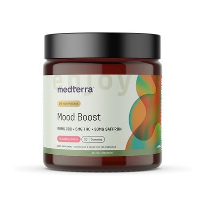 A dark amber jar with a black lid contains Medterra's [Free] Best Seller Mood Boost gummies in Strawberry Citrus flavor. The label highlights "High Potency" with 50mg CBD, 5mg THC, and 30mg Saffron per serving. The jar holds 20 gummies, totaling 1000mg CBD and 100mg THC overall.