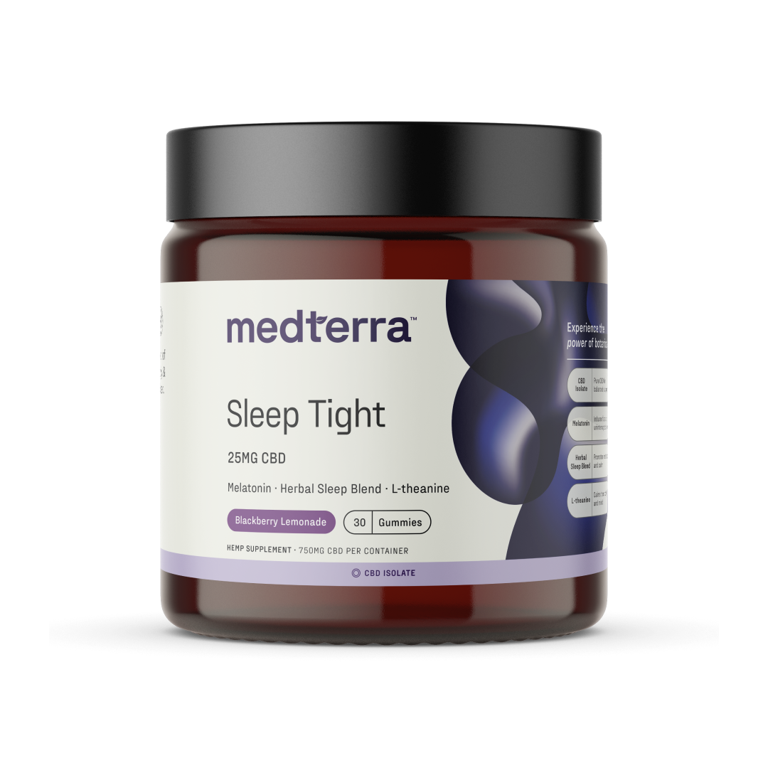 A dark amber jar with a black lid, containing Medterra's [Free] Best Seller "Sleep Tight" gummies. The label states that each gummy has 25mg of CBD, alongside melatonin, a herbal sleep blend, and L-theanine. The flavor is blackberry lemonade and the jar contains 30 gummies.