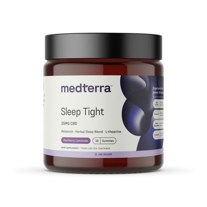 A dark amber jar with a black lid, containing Medterra's [Free] Best Seller "Sleep Tight" gummies. The label states that each gummy has 25mg of CBD, alongside melatonin, a herbal sleep blend, and L-theanine. The flavor is blackberry lemonade and the jar contains 30 gummies.