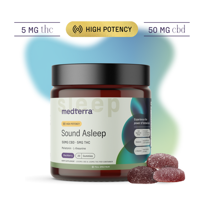 Image of a Medterra Sound Asleep Gummies [Free] jar with 20 blueberry-flavored gummies on a white background. The label indicates each gummy contains 50MG CBD and 5MG THC, spotlighting melatonin and L-theanine as key sleep aids. With the highest potency, these treats promise restful nights. Three gummies are shown beside the jar.